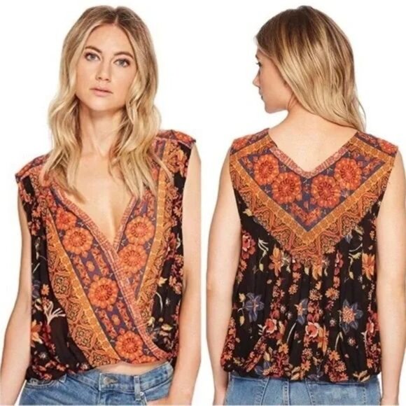 Free People Havana Black Floral Print Sleeveless Surplice Top Size Small - Picture 3 of 14